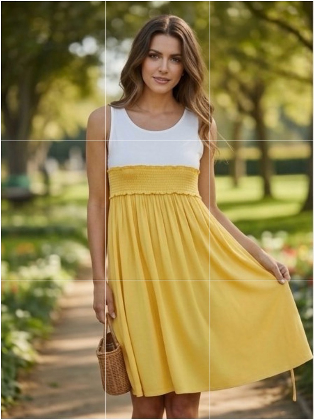 Zara White & Yellow Sleeveless Smocked Midi Dress